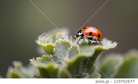 Close-up of a ladybug on a succulent plant with blurred background showcasing natural beauty 129702677