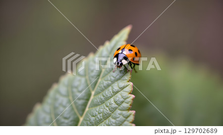 Ladybug resting on a vibrant green leaf showing intricate patterns during a sunny day 129702689