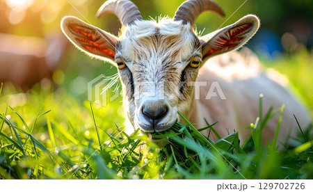 goat on green grass, a goat eating fresh green grass in farm field, showing detailed horns, fur, and bright eyes, with warm golden sunlight background, symbolizing nature and rural life 129702726