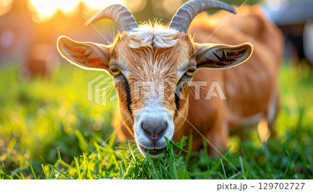 goat on green grass, a goat eating fresh green grass in farm field, showing detailed horns, fur, and bright eyes, with warm golden sunlight background, symbolizing nature and rural life 129702727