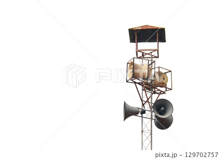 Cutout of Vintage Loudspeakers Mounted on Tall Pole 129702757