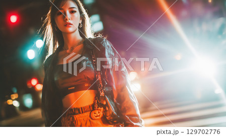 街を歩く女性とハロウィン小物 129702776