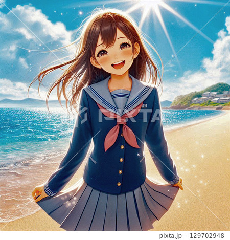夏の海を楽しむセーラー服の女子高生[78] 129702948