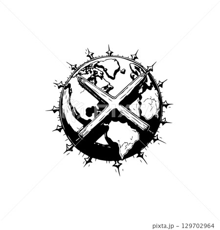 Global Conflict Illustration: Stylized World Globe with X Mark and Spiked Outline Global Conflict Illustration: Stylized World Globe with X Mark and Spiked Outline 129702964