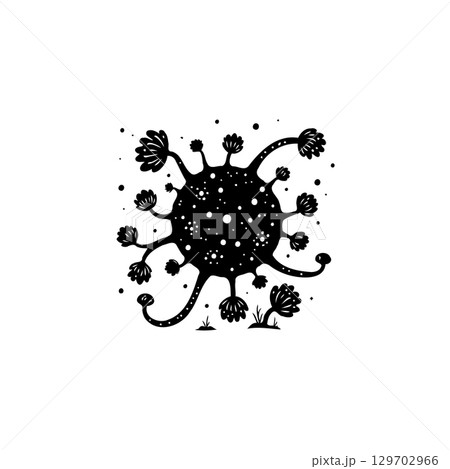 Monochrome illustration of a stylized virus cell with rounded features and spikes 129702966