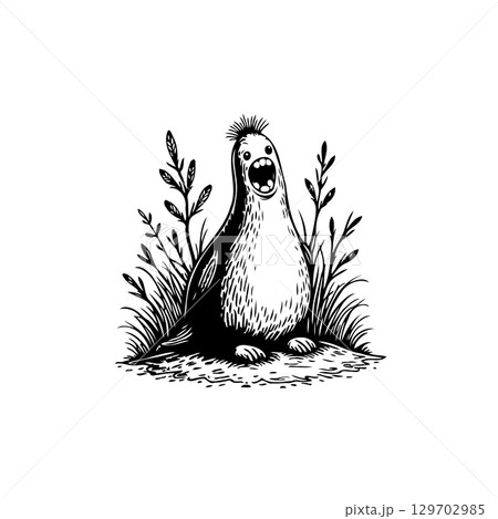 Whimsical Illustration of a Surprised Seal with Wild Hair in Grassy Patch 129702985