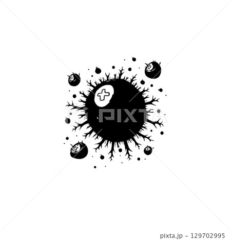 Abstract black and white art of a stylized virus with a plus sign symbol 129702995