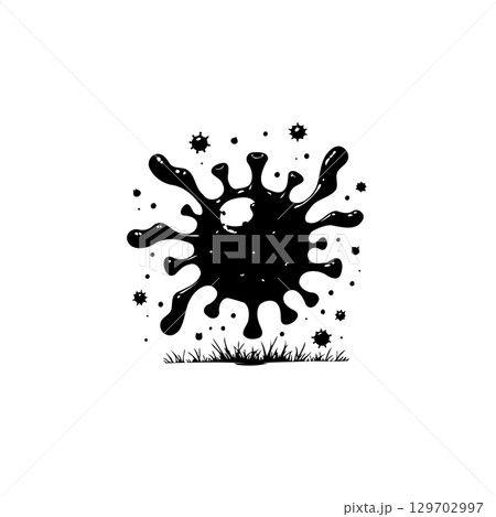 Stylized depiction of a virus with black and white contrast for minimalist designs 129702997