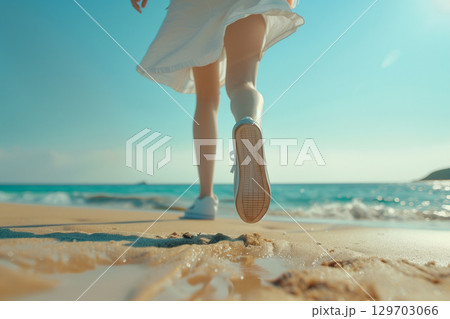 浜辺を歩く白いスニーカーの女性の足元と夏の青空の風景 129703066
