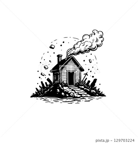 Quaint Cabin Retreat: Black and White Illustration of a Cozy Home with Chimney Smoke Quaint Cabin Retreat: Black and White Illustration of a Cozy Home with Chimney Smoke 129703224
