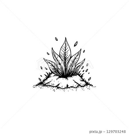 Hand-drawn stylized illustration of a plant growing from the earth showing growth 129703248