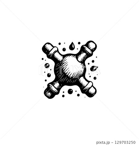 Intricate black and white drawing featuring a water faucet with surrounding droplets 129703250