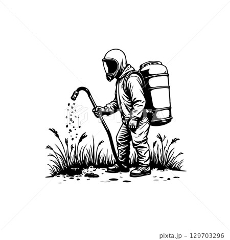 Person in protective suit spraying chemicals illustration for safety awareness promotion 129703296