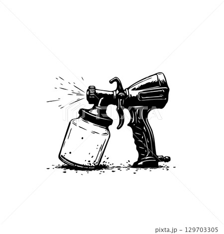 Detailed monochrome illustration of a spray gun on a white background painting tool 129703305