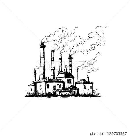 Monochrome illustration depicting industrial factory with billowing smoke emissions 129703327