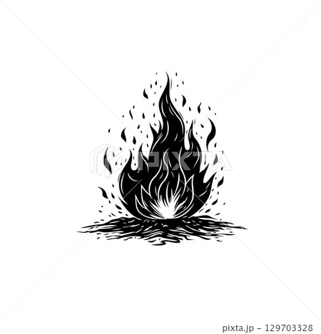 Minimalist Black and White Illustration of a Dynamic Fire with Flickering Flames Minimalist Black and White Illustration of a Dynamic Fire with Flickering Flames 129703328