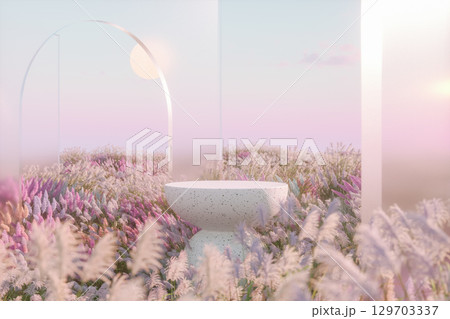 Abstract autumn landscape scene with a podium for product display. 3d rendering 129703337