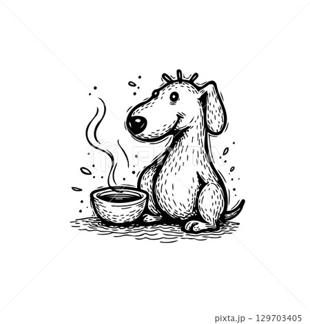 Whimsical Dog Enjoying Hot Drink: Black and White Illustration of Canine Relaxation Whimsical Dog Enjoying Hot Drink: Black and White Illustration of Canine Relaxation 129703405