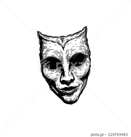 Monochromatic depiction of a theatrical mask evoking mystery and expressionism 129703463
