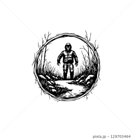 Monochrome Bigfoot Illustration: Mystical Creature in a Circular Forest Frame Artwork Monochrome Bigfoot Illustration: Mystical Creature in a Circular Forest Frame Artwork 129703464
