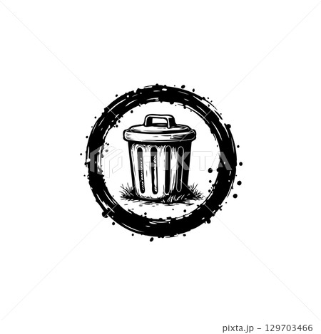 Stylized Trash Can Icon with Grunge Circle Frame for Environment and Recycling Themes 129703466