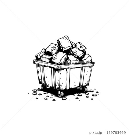 Illustration of a full mine cart loaded with coal on a white background 129703469