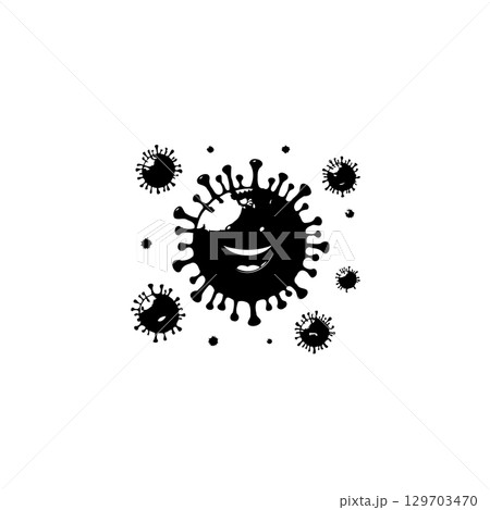 Humorous depiction of coronavirus with a smiley face, promoting awareness and safety 129703470