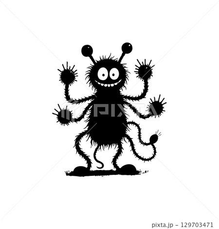 Humorous black monster silhouette with multiple arms and playful expression design 129703471