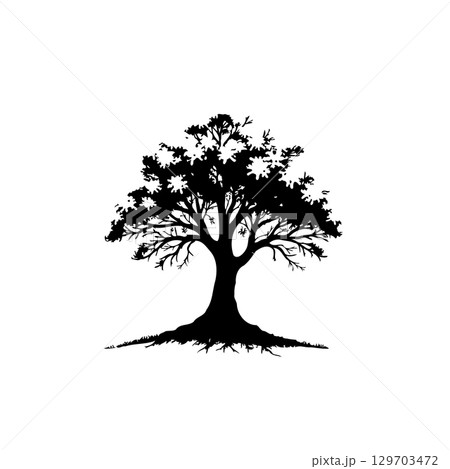Black and white silhouette illustration of a majestic tree with detailed branches Black and white silhouette illustration of a majestic tree with detailed branches 129703472