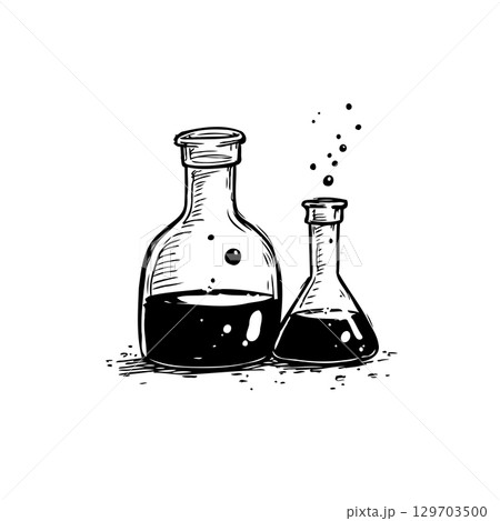 Elegant sketch of laboratory beakers filled with mysterious fluid and floating particles Elegant sketch of laboratory beakers filled with mysterious fluid and floating particles 129703500