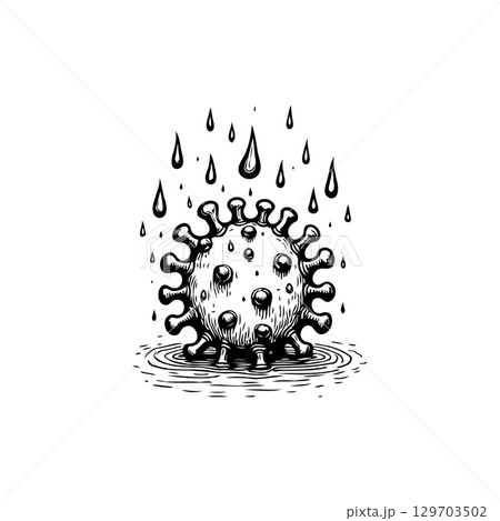 Monochrome stylized vector illustration of a virus with raindrops, isolated concept Monochrome stylized vector illustration of a virus with raindrops, isolated concept 129703502