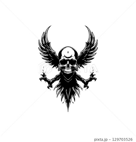 Eerie depiction of skull with wings and claw-like hands conveying dark fantasy Eerie depiction of skull with wings and claw-like hands conveying dark fantasy 129703526