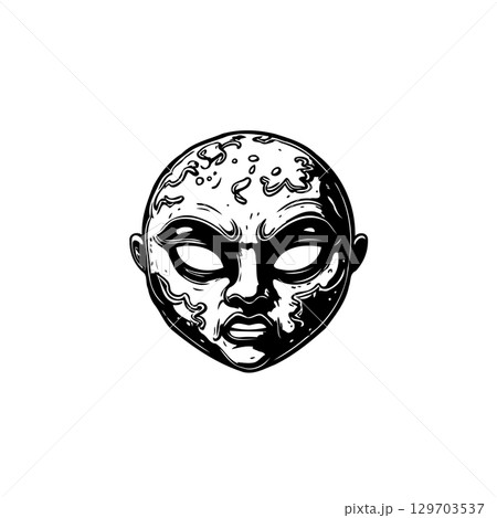 Monochrome illustration of an angry, alien-like face with distinct features Monochrome illustration of an angry, alien-like face with distinct features 129703537