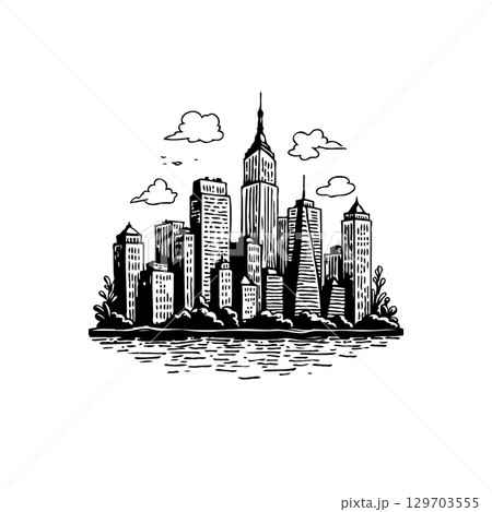 Black and white illustration of a cityscape skyline with stylized clouds above Black and white illustration of a cityscape skyline with stylized clouds above 129703555