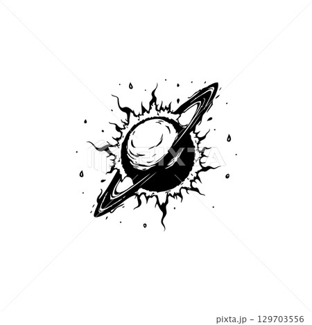 Dramatic Black and White Illustration of Saturn with a Dark Energetic Aura 129703556