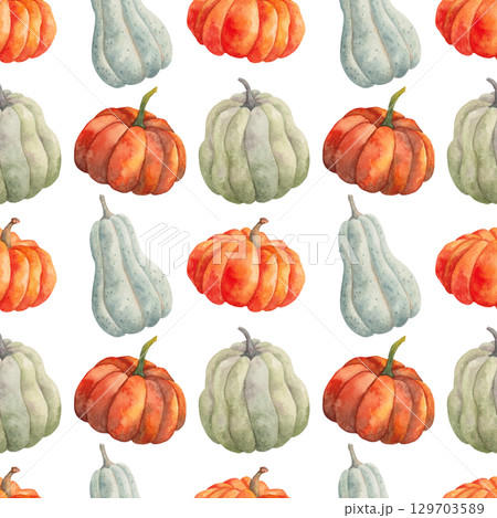 Seamless pattern of various pumpkins. Natural food ingredient. Watercolor illustration of vegetables, hand drawn, isolated. Background for fabric, textile. Autumn theme for Halloween, Thanksgiving 129703589
