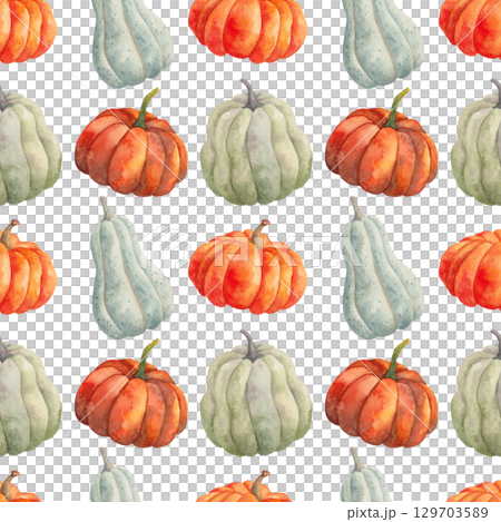 Seamless pattern of various pumpkins. Natural food ingredient. Watercolor illustration of vegetables, hand drawn, isolated. Background for fabric, textile. Autumn theme for Halloween, Thanksgiving 129703589
