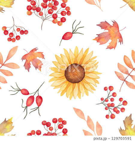 Seamless pattern with sunflower and fly agaric, rosehip, rowan, maple leaf. Watercolor illustration. Hand drawn isolated botanical art. Background with berries, mushrooms, flower for Thanksgiving 129703591