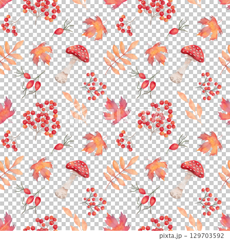 Seamless pattern with fly agaric, rose hip, rowan, maple leaf and twig. Watercolor illustration. Hand drawn isolated botanical art. Background with berries, mushrooms for Thanksgiving, Halloween 129703592