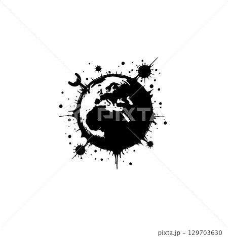 Abstract black and white illustration of a world globe with ink splatter design 129703630