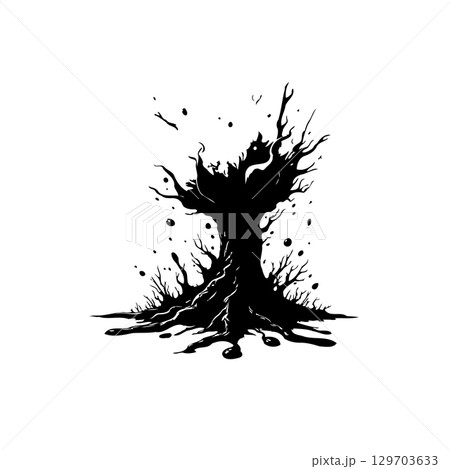 Monochrome silhouette of a gnarled tree against a stark white background image 129703633
