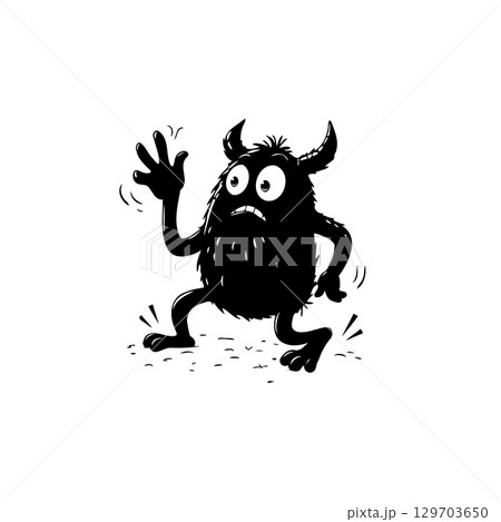 Frightened furry monster with horns, cartoonish silhouette illustration in black and white 129703650