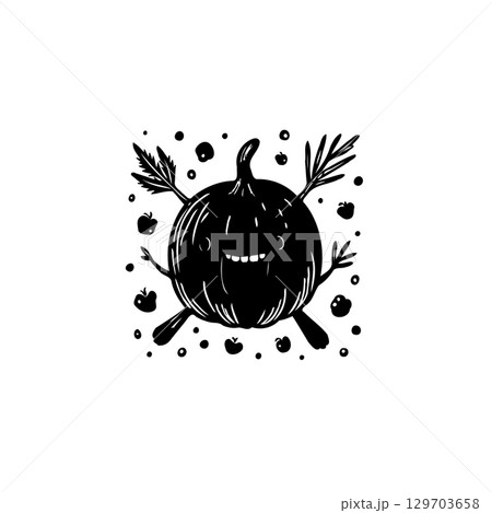 Whimsical Halloween Pumpkin Character Illustration with Rustic Woodcut Aesthetic Whimsical Halloween Pumpkin Character Illustration with Rustic Woodcut Aesthetic 129703658