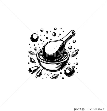 Black and white artistic illustration of a bowl with ladle surrounded by food Black and white artistic illustration of a bowl with ladle surrounded by food 129703674