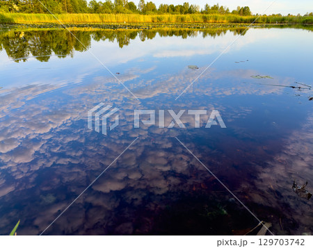 Clouds reflect on calm water at a serene lakeside during evening light near a lush landscape 129703742