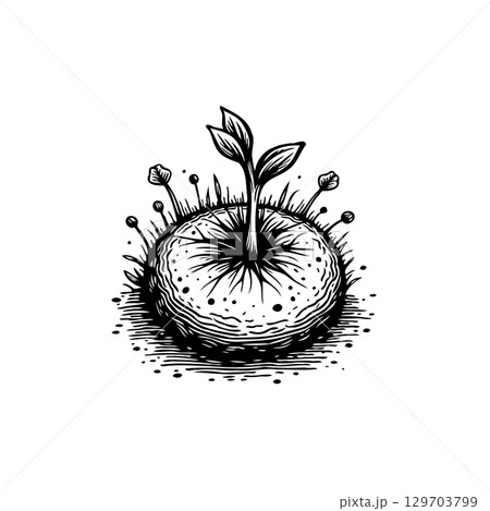 Monochrome hand-drawn illustration of a sprouting plant for environmental themes Monochrome hand-drawn illustration of a sprouting plant for environmental themes 129703799