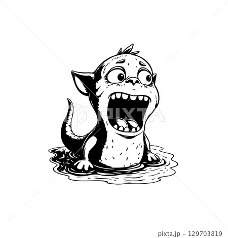 Surprised Cartoon Monster Creature in Water, Black and White Illustration 129703819