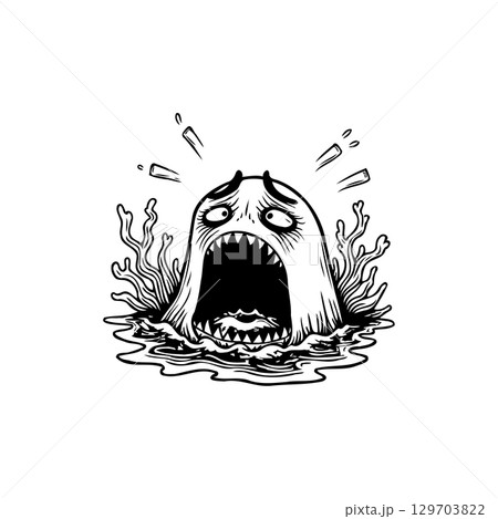 Terrified creature submerging in water cartoon illustration in black and white 129703822