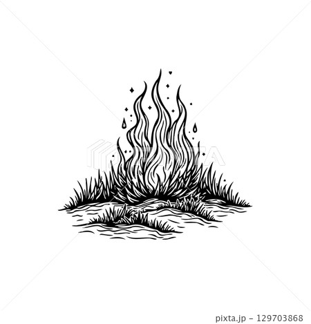 Mystical fire illustration with stylized flames and grass, enchanting vector art Mystical fire illustration with stylized flames and grass, enchanting vector art 129703868