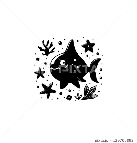 Cute Black and White Cartoon Shark Illustration with Starfish and Seaweed Design 129703892